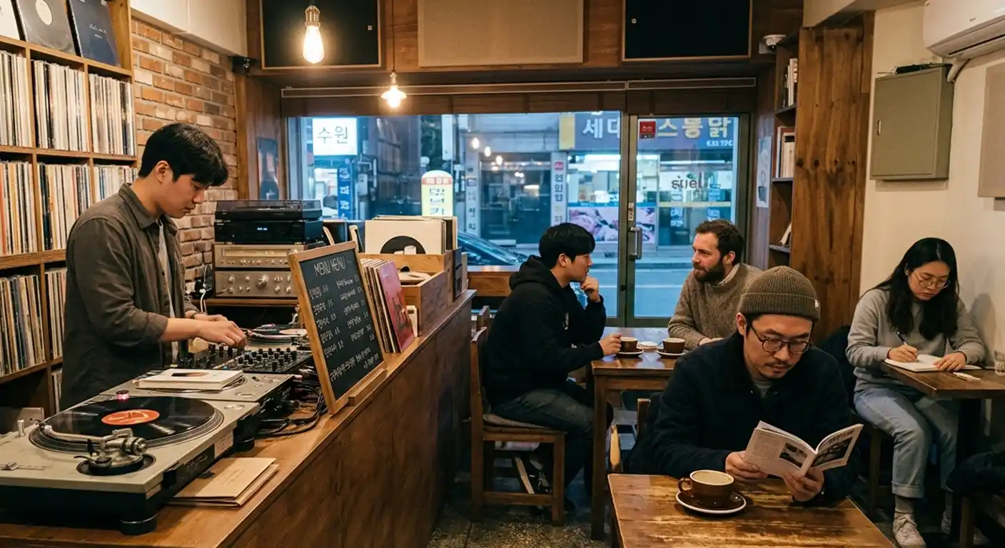 Quiet vinyl café interior with records, coffee and customers sitting separately.