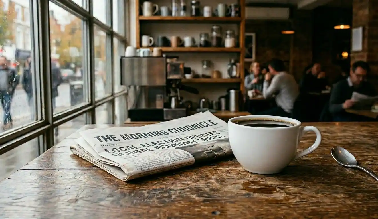 Coffee cup on a worn wooden café table beside a folded newspaper in soft morning light.