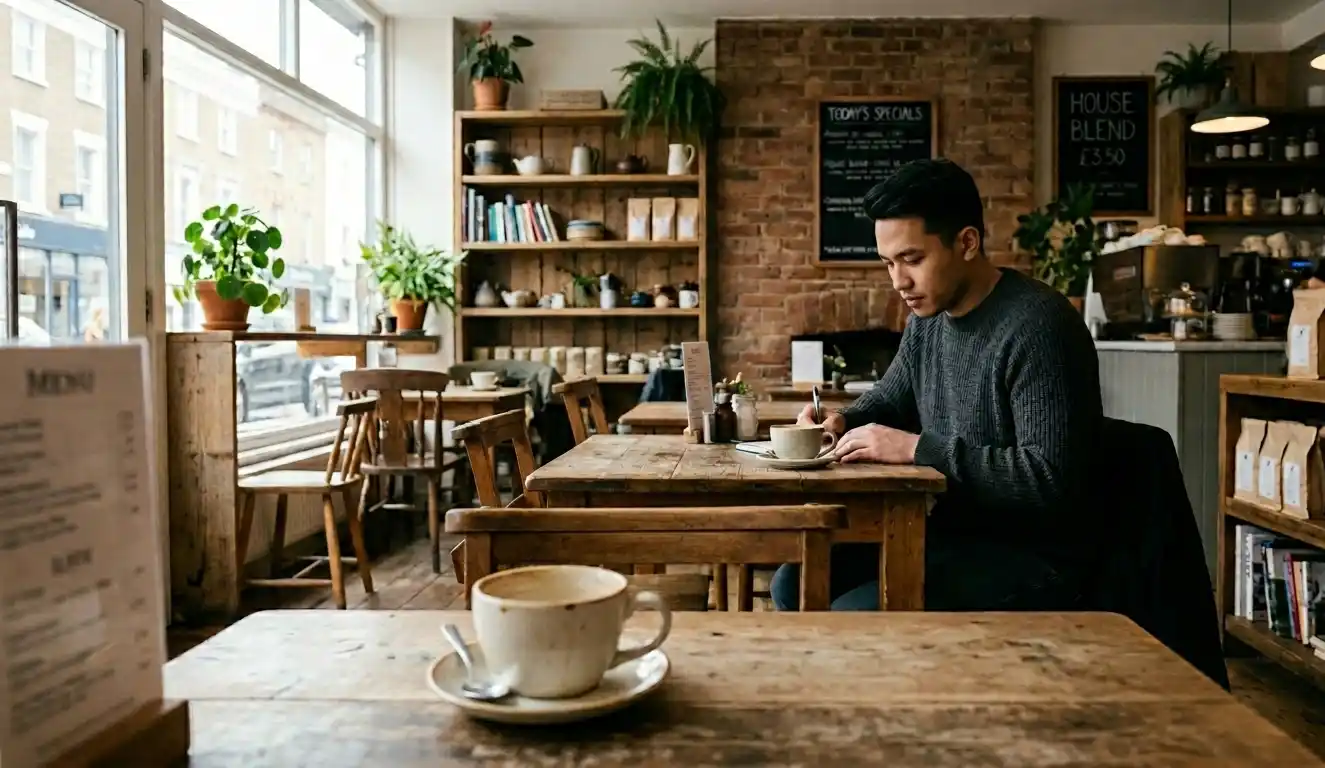 Quiet café interior with a man sitting near the window during late afternoon.