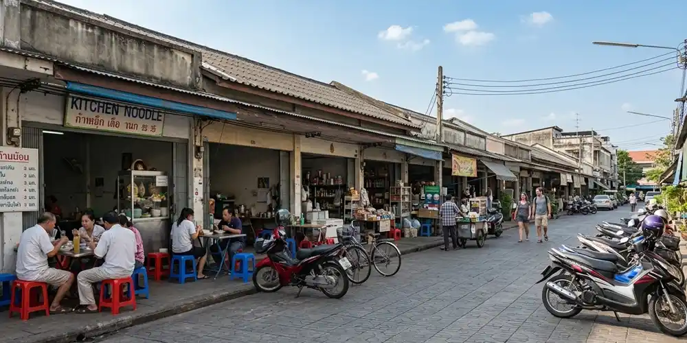Orang-orang makan di tempat makan sederhana di pinggir jalan kota pada siang hari dengan suasana urban yang alami.
