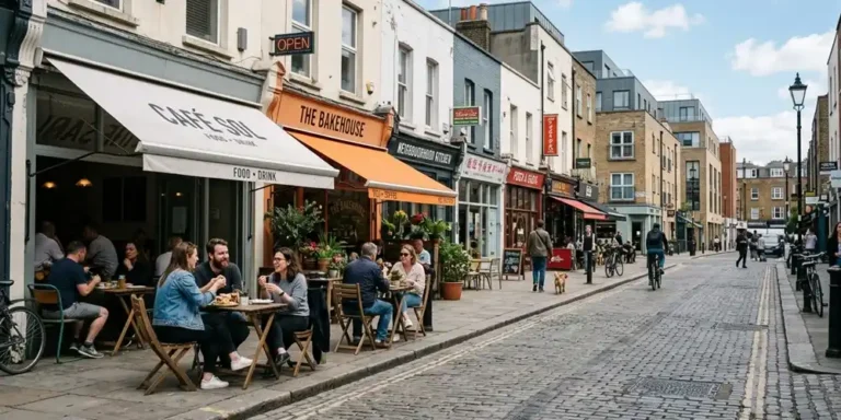 People eating outside casual food spots along a sunlit city street with natural urban atmosphere and everyday street life.
