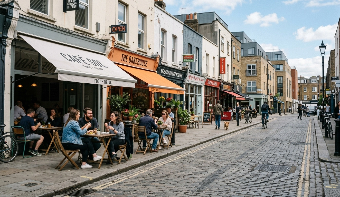 People eating outside casual food spots along a sunlit city street with natural urban atmosphere and everyday street life.