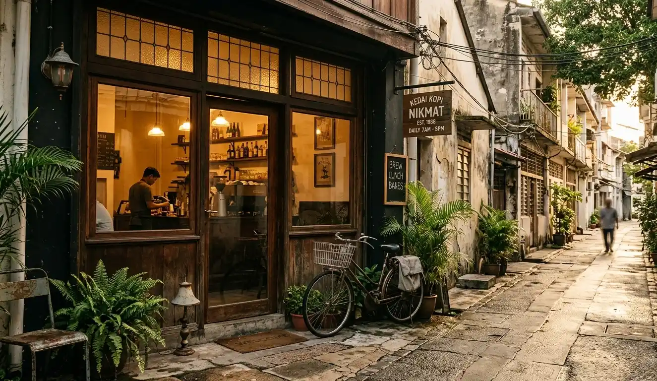 Quiet neighbourhood café with warm interior lighting on a calm urban side street during early morning.
