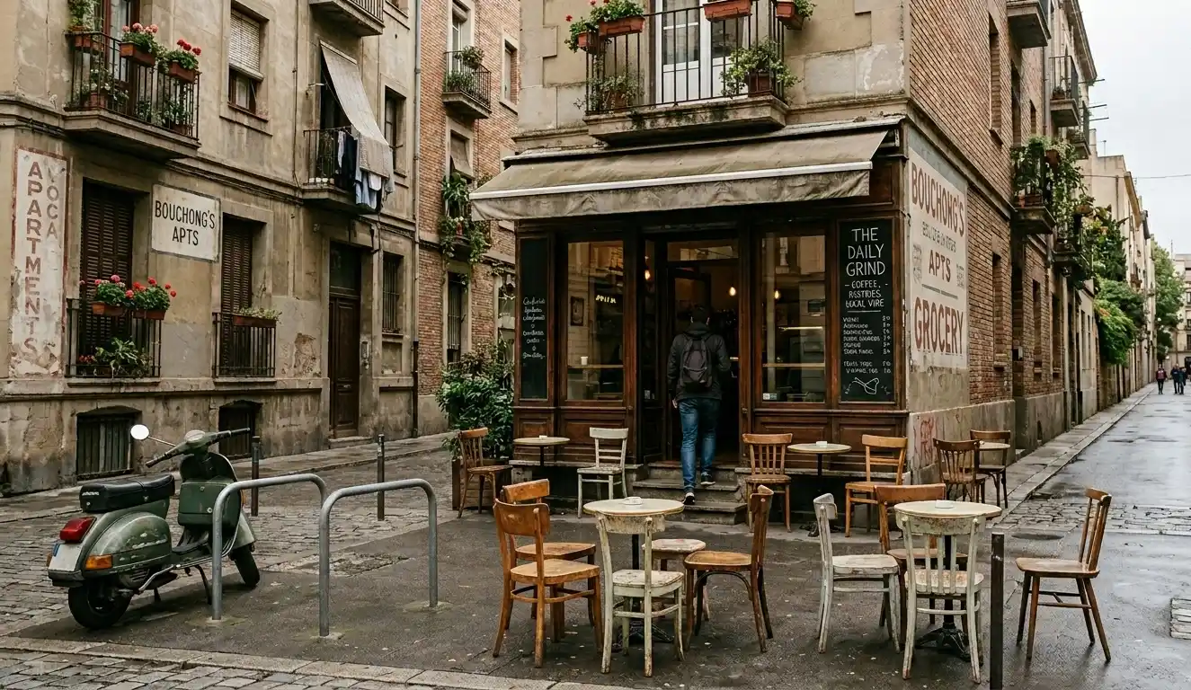 Small neighbourhood coffee spot on a calm side street.