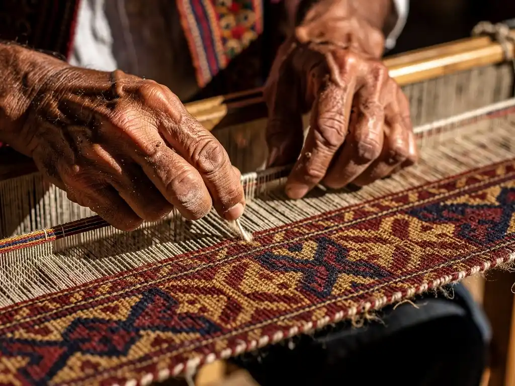 Close-up of male Andean artisan weaving textile with detailed patterns.