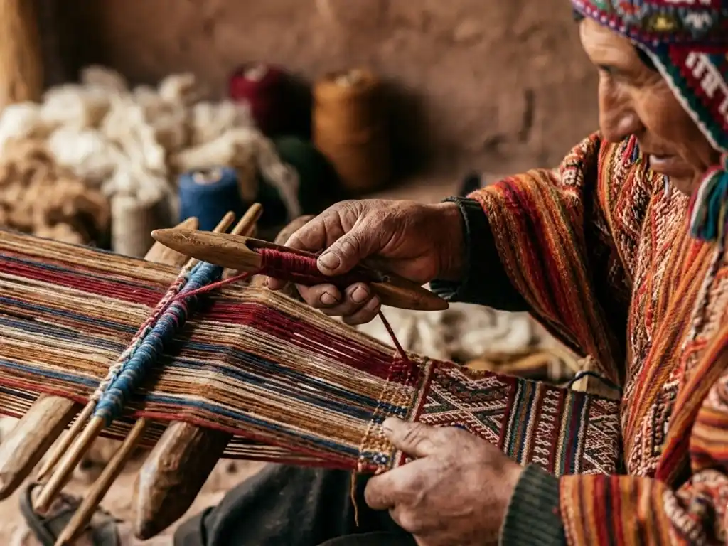 Close-up of male Andean artisan weaving textile with detailed patterns.