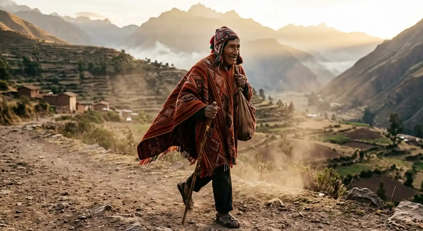 Andean man wearing a traditional poncho walking in early morning light in Sacred Valley.