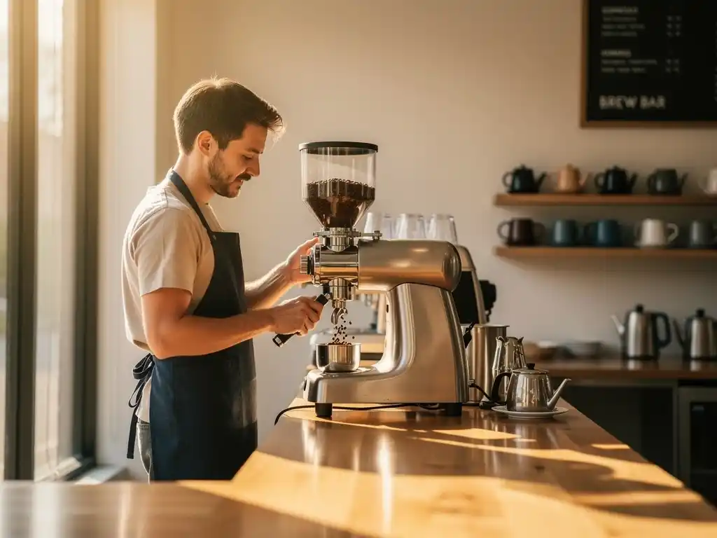 Barista grinding fresh coffee beans for espresso in a café.