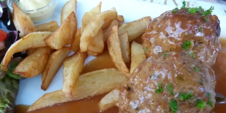 Boulet à la Liégeoise served with golden Belgian fries, rich brown sauce and fresh parsley.