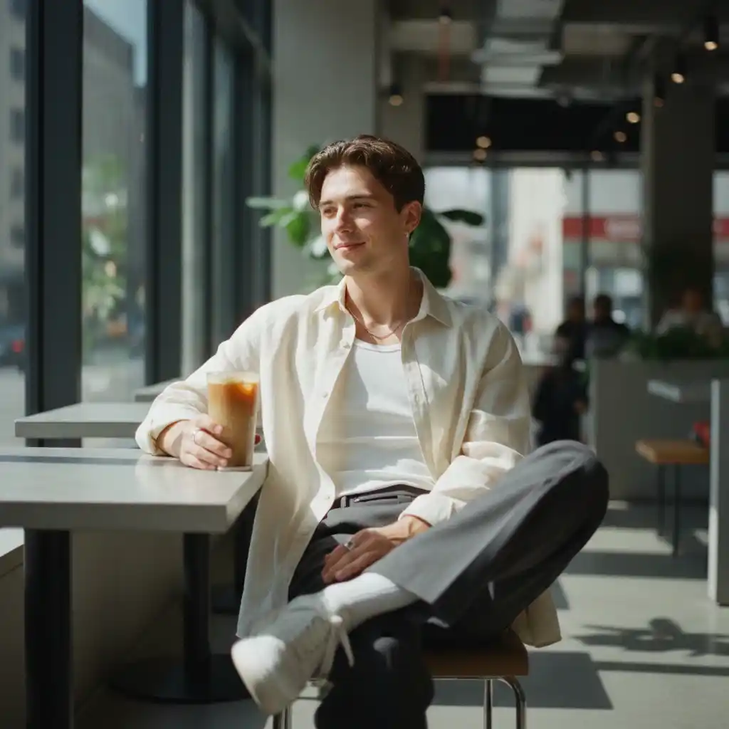 Gen Z man holding iced coffee in a modern café during the day.
