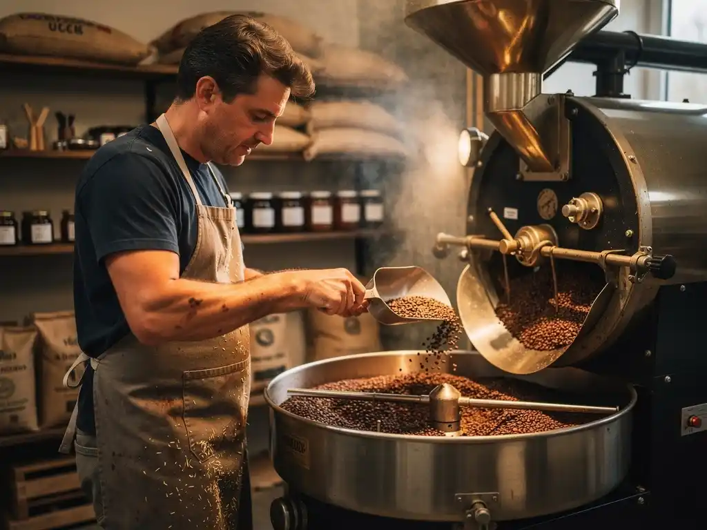 Coffee roaster inspecting freshly roasted beans during the roasting process.