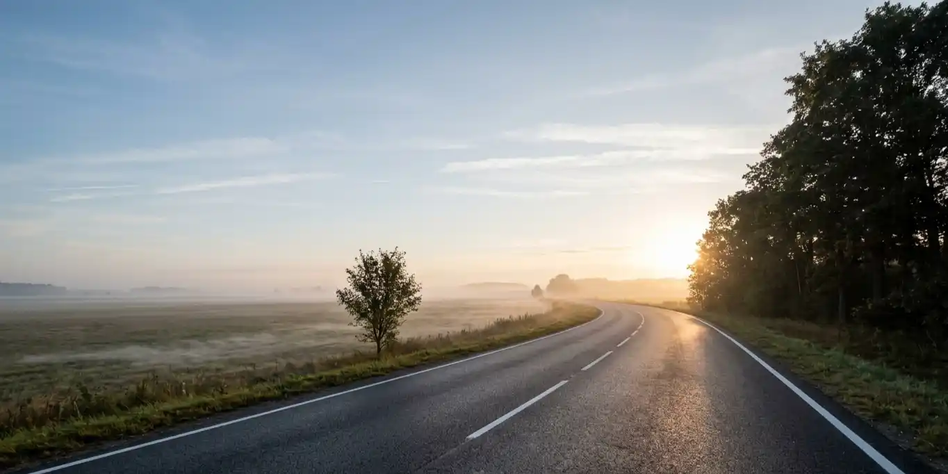 Curving country road at sunrise with mist over open fields and soft golden light.