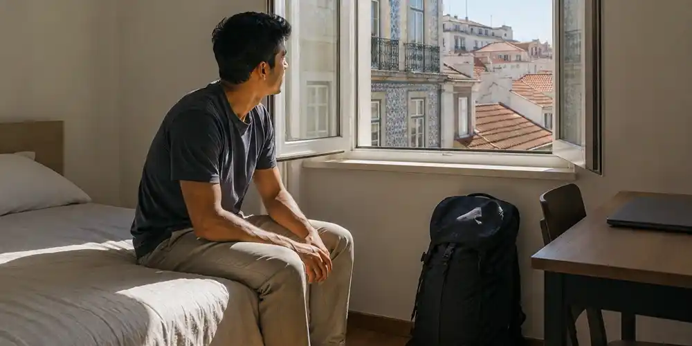 Pria digital nomad duduk di tepi tempat tidur di apartemen sewaan di Lisbon dengan ransel di sampingnya.