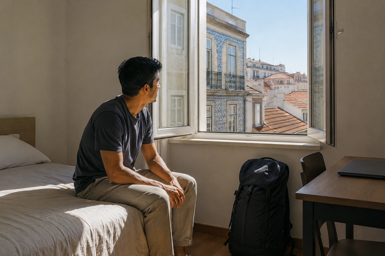 Pria digital nomad duduk di tepi tempat tidur di apartemen sewaan di Lisbon dengan ransel di sampingnya.