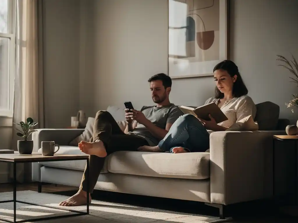 Two people sitting quietly together on a sofa, one using a phone and the other reading a book in a calm living room.