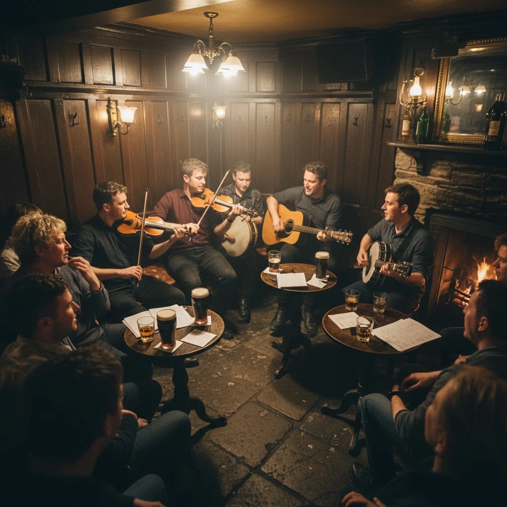 Musisi memainkan musik tradisional Irlandia di pub Dublin yang hangat dan nyaman.