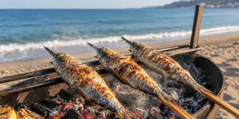 Fresh sardines on skewers sizzling over a beachside charcoal grill.