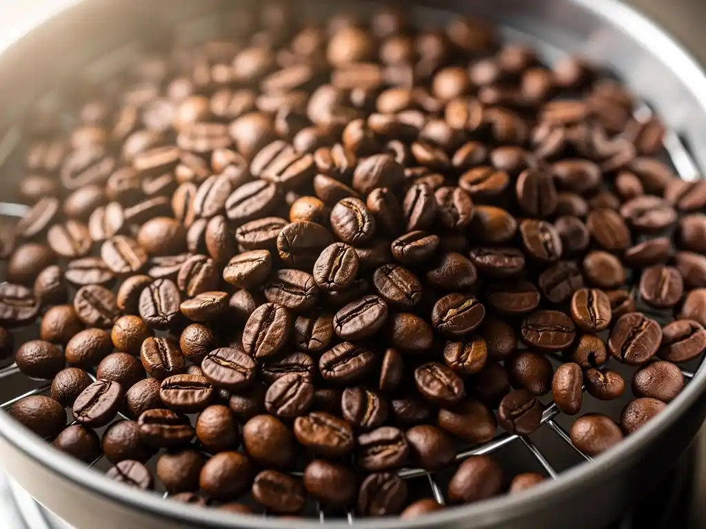 Close-up of evenly-roasted coffee beans with rich brown colour.