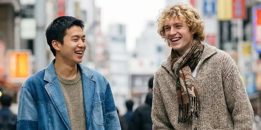 Two Gen Z men in modern street fashion standing on a busy city pavement during the day.