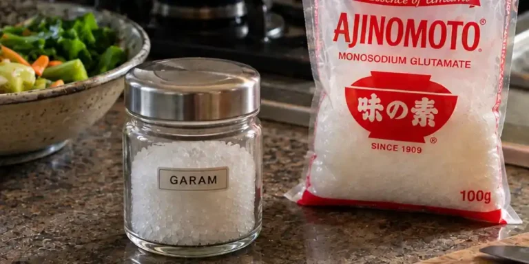 Sebuah toples bertuliskan “GARAM” berada di samping kemasan MSG di meja dapur rumah, dengan wajan berisi tumisan sayuran di latar belakang.