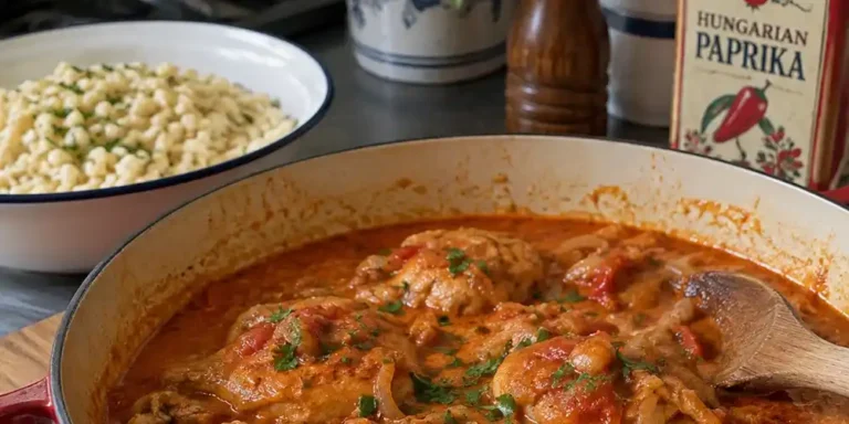 Hungarian chicken paprikash with sweet paprika, onions and sour cream served in a pan in a home kitchen.