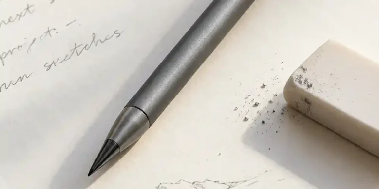 A sleek metal infinite pencil resting on paper beside an eraser and handwritten notes.
