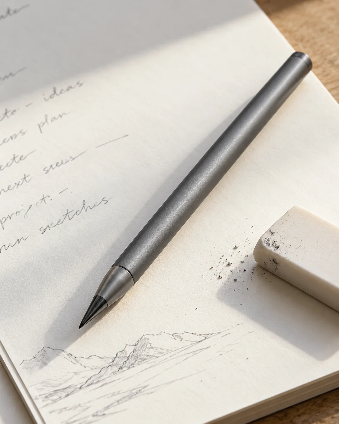 A sleek metal infinite pencil resting on paper beside an eraser and handwritten notes.