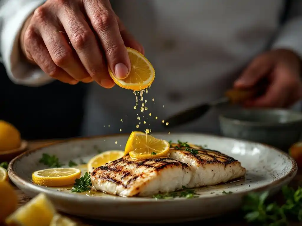 Chef squeezing lemon juice over grilled fish.