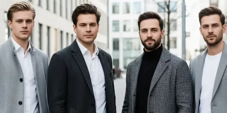 Four men in minimalist Scandinavian fashion standing together in daylight.