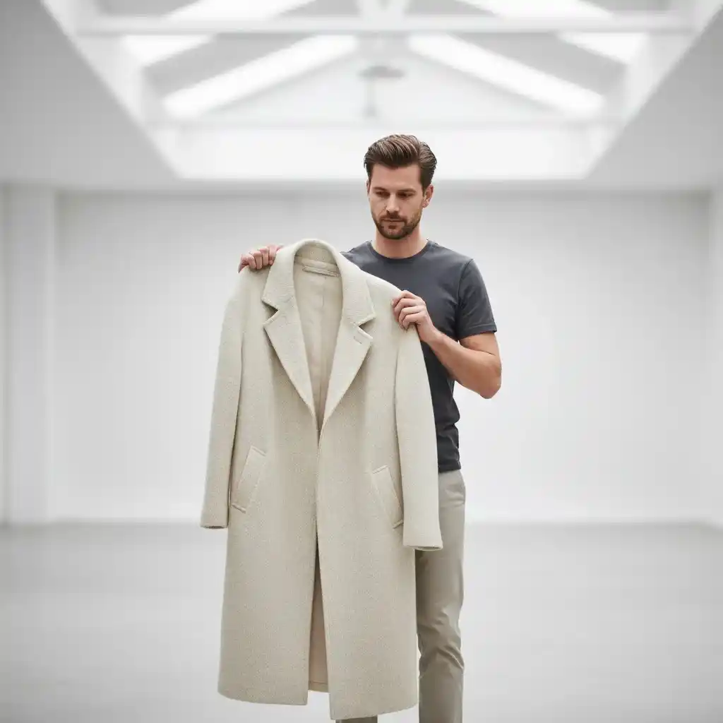 Man holding a wool coat in a minimalist studio.
