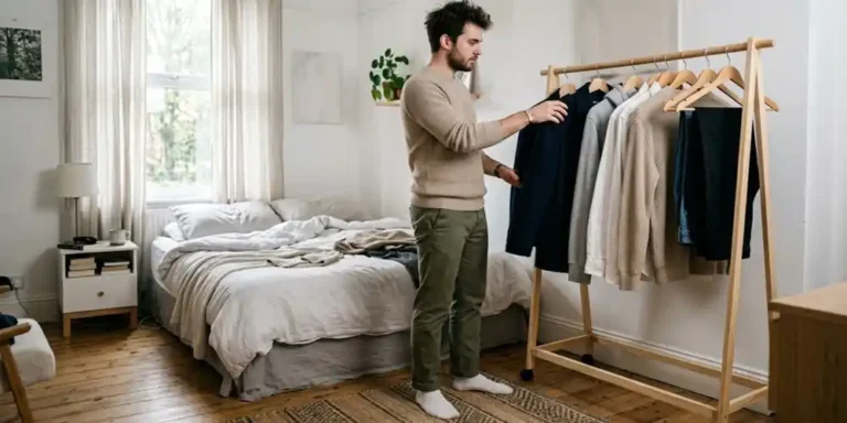 Man choosing between neutral colour outfits in a minimalist room with natural light.