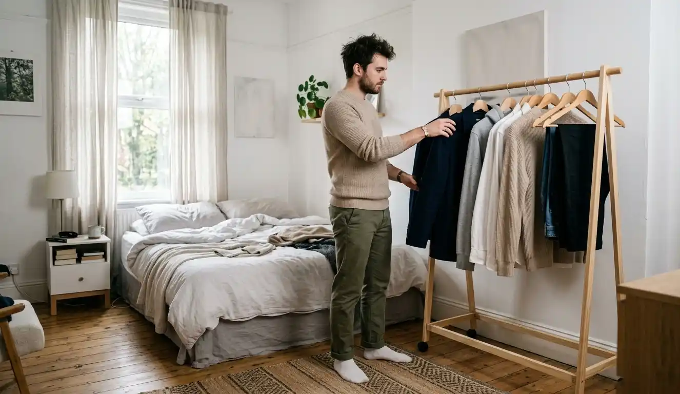 Man choosing between neutral colour outfits in a minimalist room with natural light.