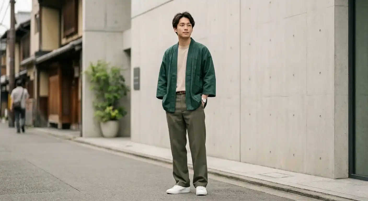 Modern menswear jacket inspired by Japanese kimono style.