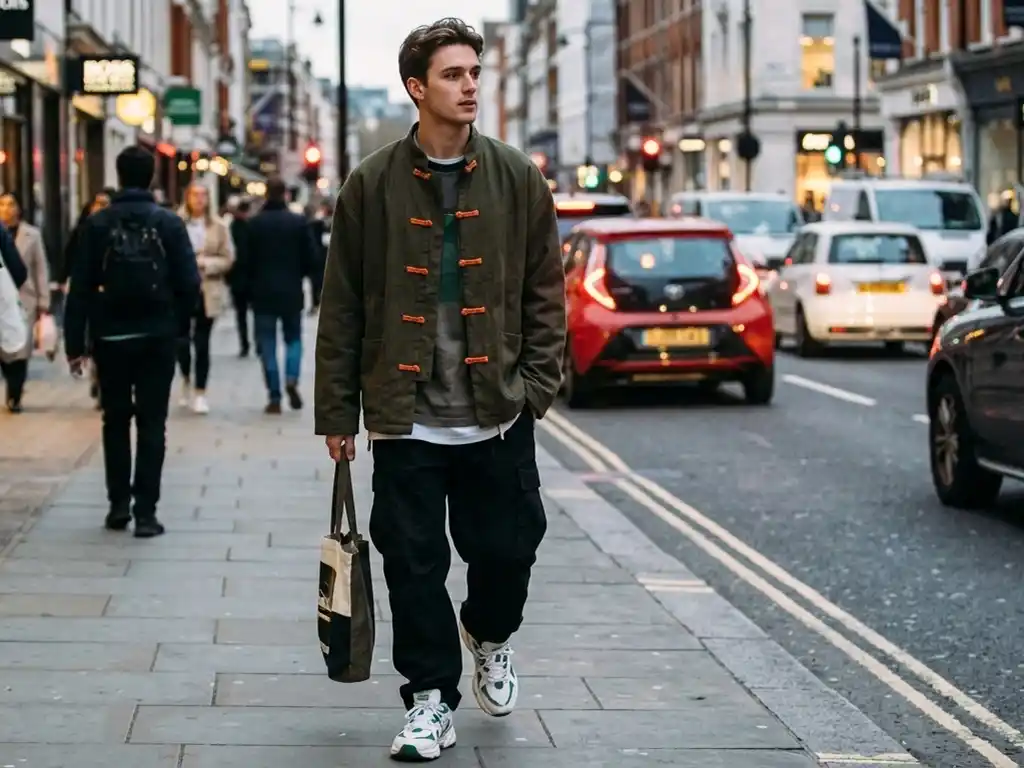 Modern streetwear outfit featuring a jacket with pankou knot closures.