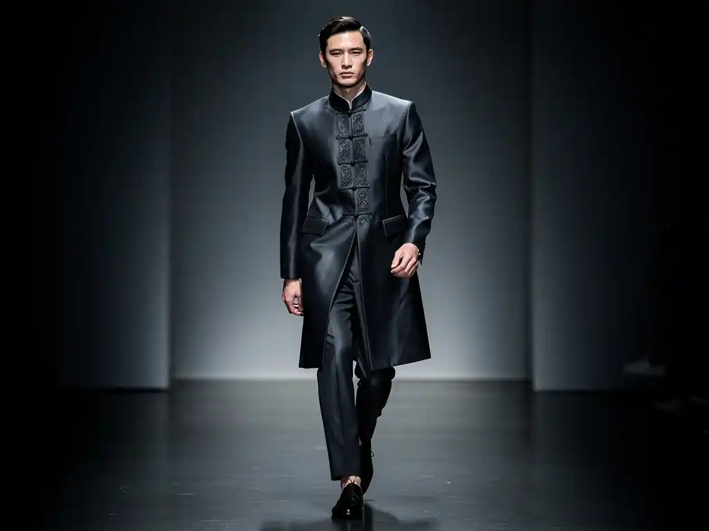 Runway model wearing a modern designer jacket with pankou knot closures.