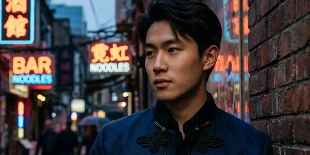 Close-up of a Tang-style jacket with pankou knots in a moody urban setting.