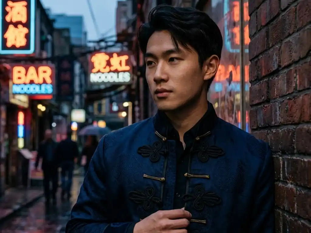 Close-up of a Tang-style jacket with pankou knots in a moody urban setting.
