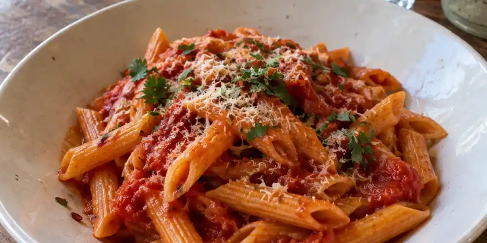 Penne all’arrabbiata with spicy tomato sauce, grated cheese and parsley served at a rustic Italian restaurant table.