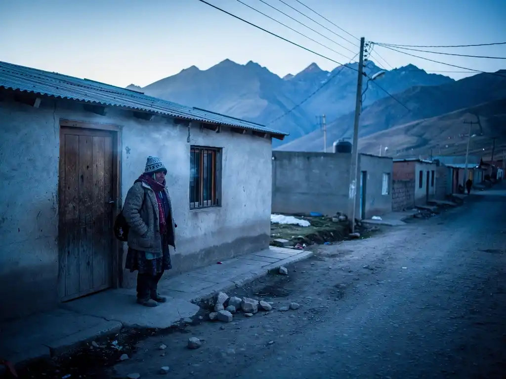 Woman standing outside a modest home in Puno at dawn with visible breath in cold high-altitude air.