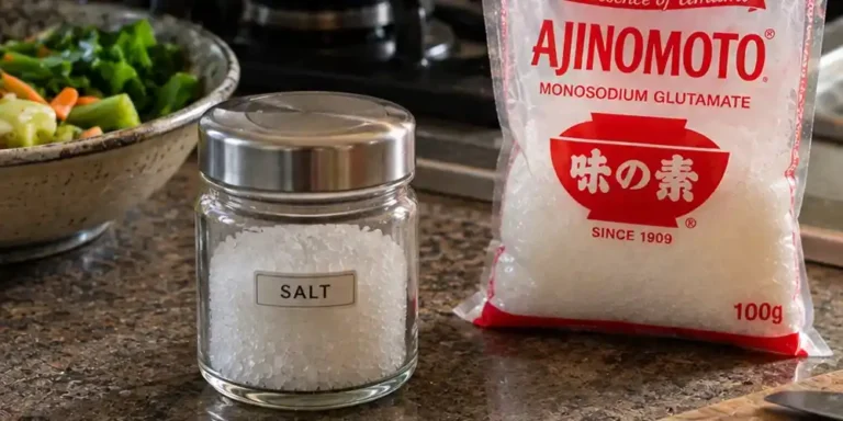 A jar labelled “SALT” sits beside an MSG packet on a home kitchen counter, with a wok of stir-fried vegetables in the background.