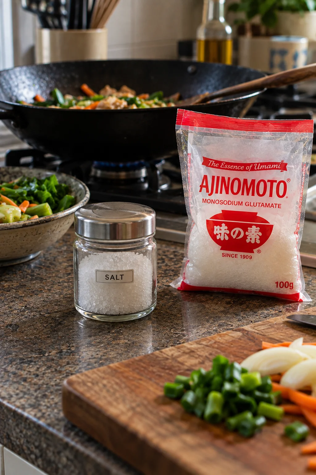 A jar labelled “SALT” sits beside an MSG packet on a home kitchen counter, with a wok of stir-fried vegetables in the background.