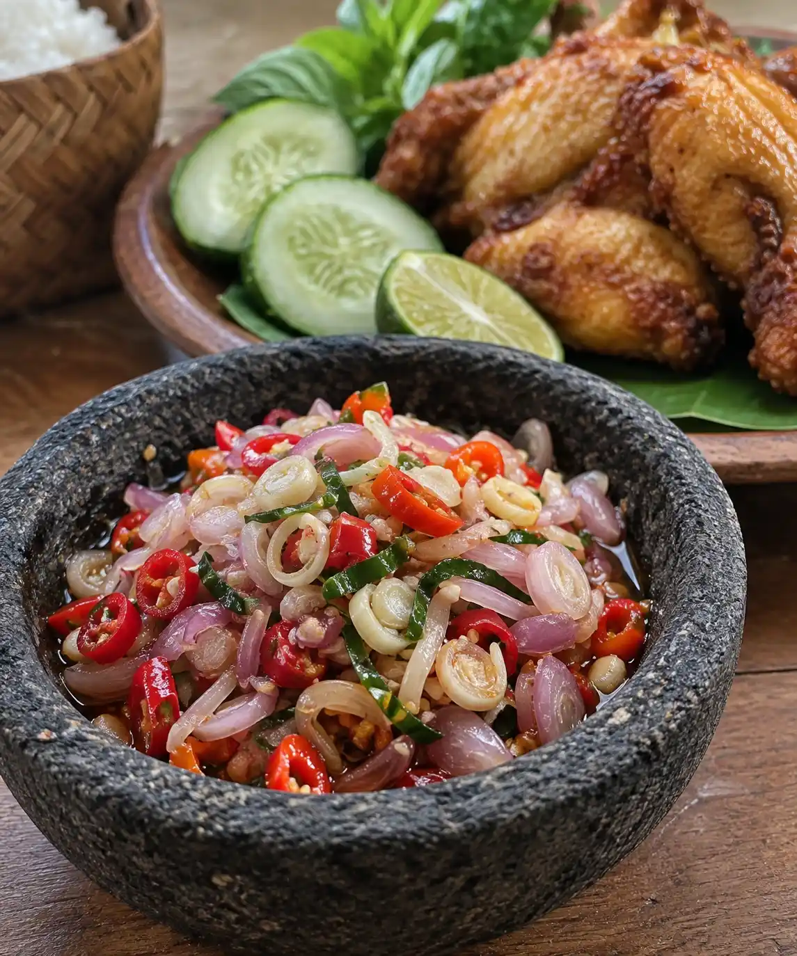 Close-up of fresh Sambal Matah in a stone bowl, with crispy fried chicken, cucumber, lime and rice in the background.