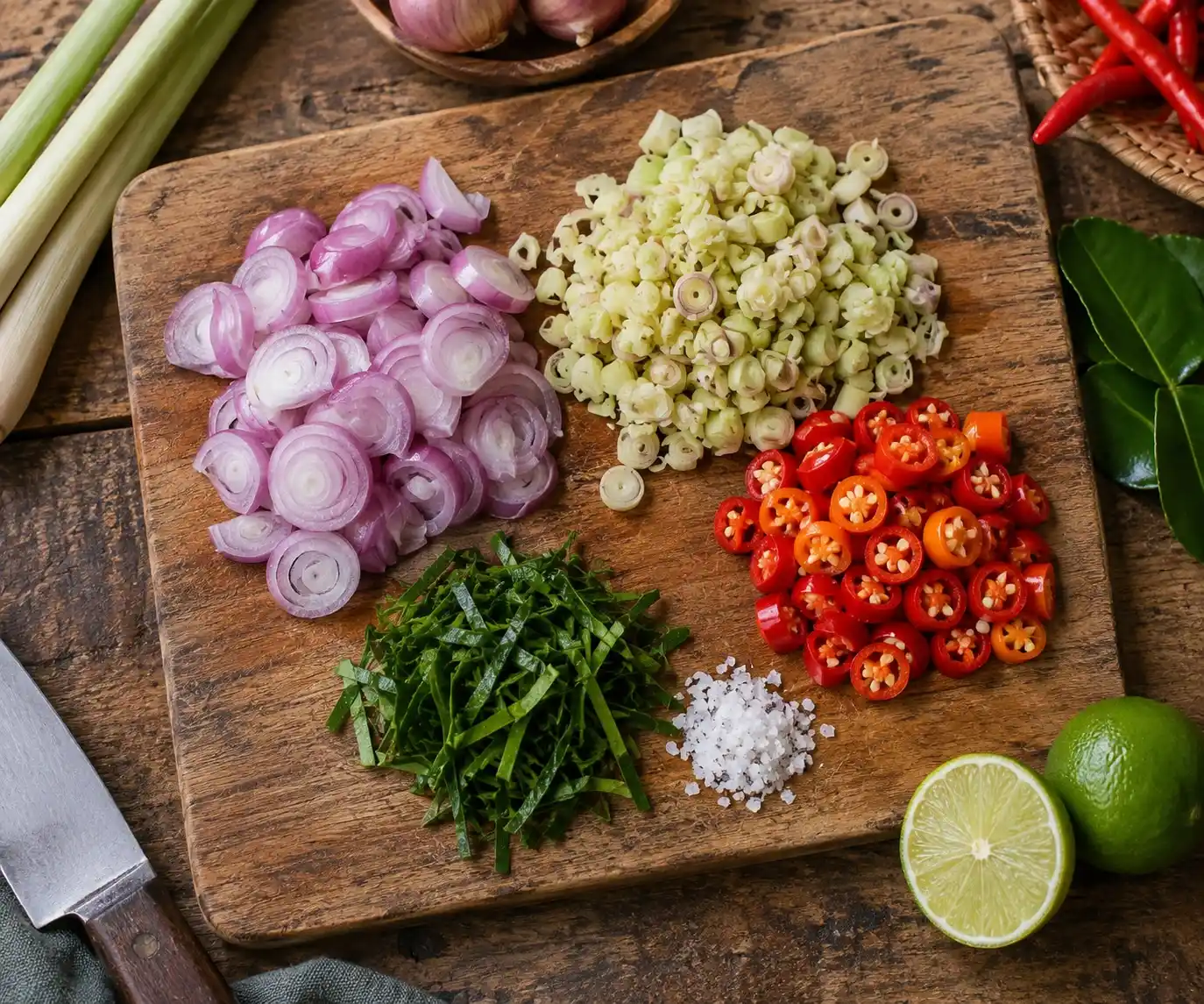 Overhead view of sliced shallots, chopped lemongrass, red chillies, kaffir lime leaves and salt arranged on a wooden cutting board.