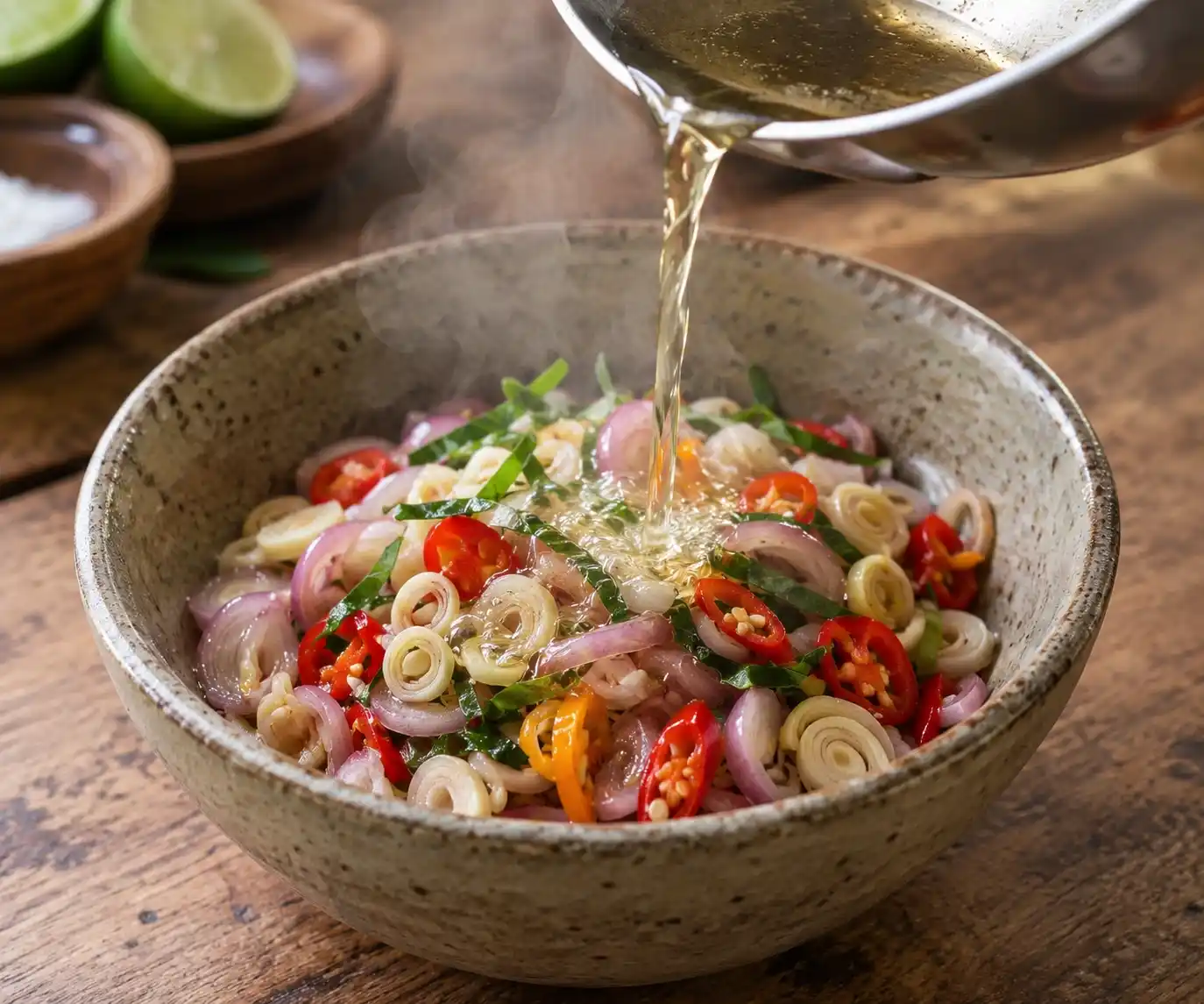 Hot coconut oil being poured over sliced shallots, lemongrass, chillies and kaffir lime leaves in a ceramic bowl, with steam rising.