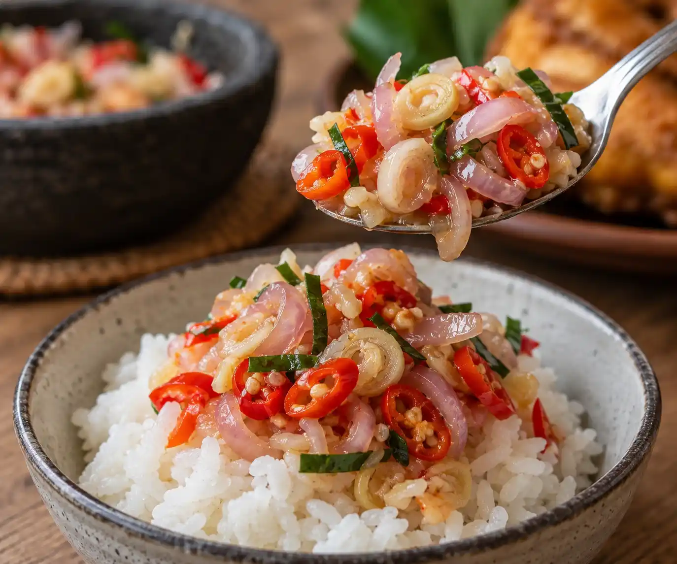 A spoonful of fresh Sambal Matah held above white rice, with sliced shallots, chillies, lemongrass and kaffir lime leaves.