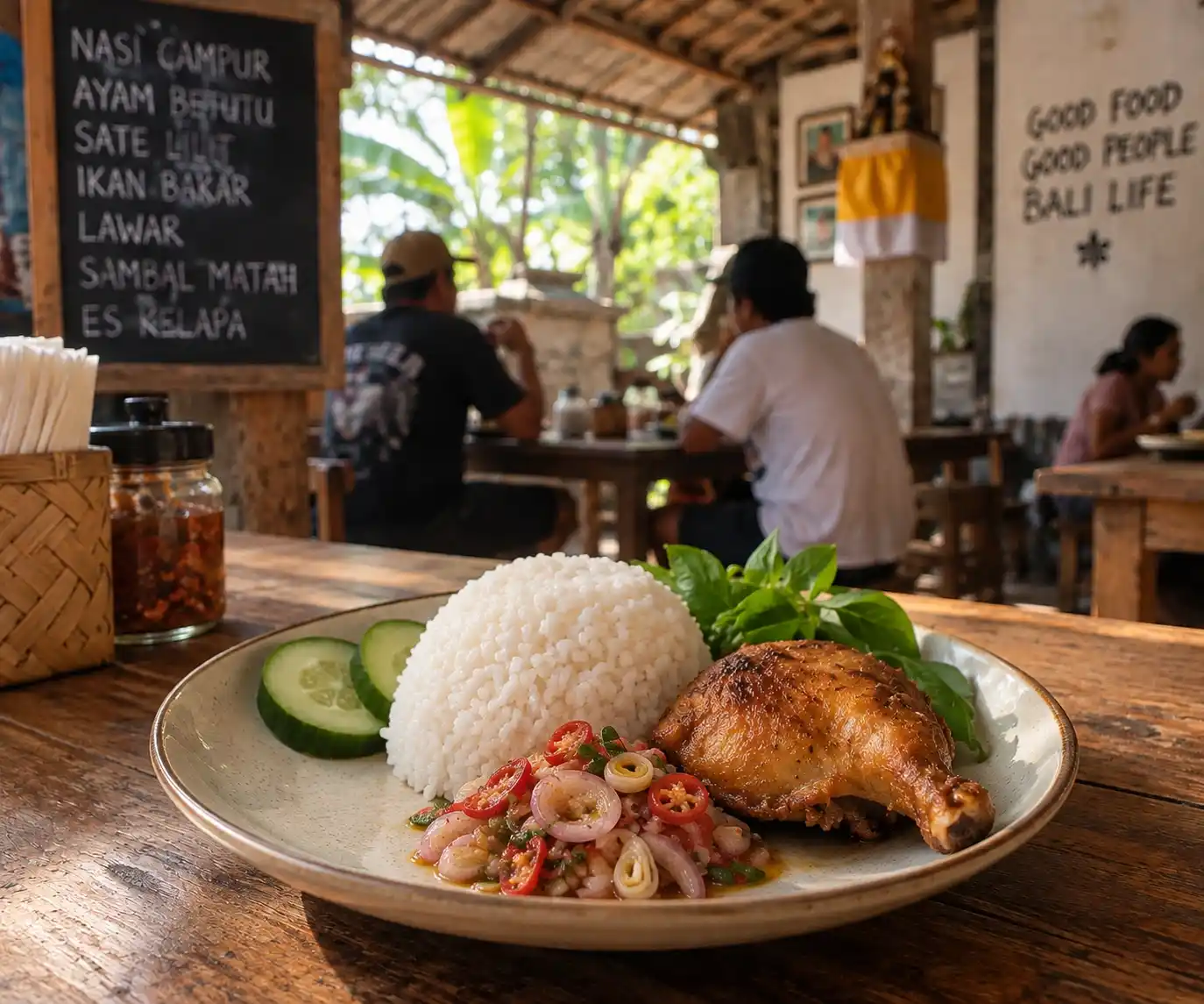 Balinese warung meal with steamed rice, crispy chicken, fresh greens, cucumber and a small serving of Sambal Matah on a ceramic plate.