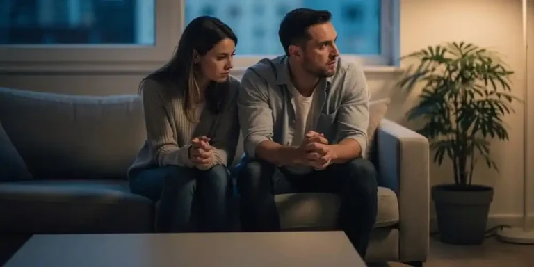 Couple sitting together in silence on a sofa, showing emotional distance and lack of connection.