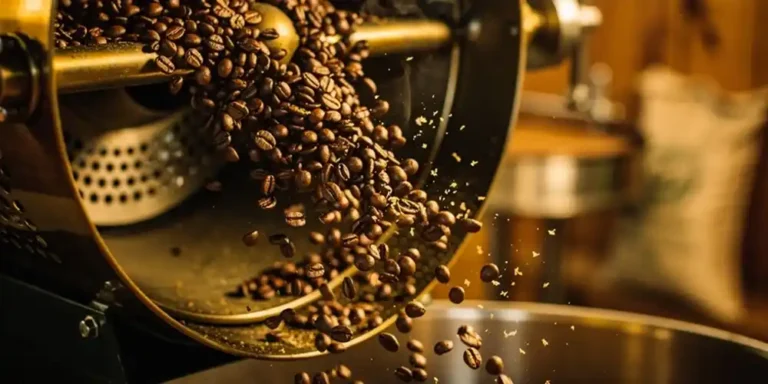 Fresh coffee beans roasting inside a traditional drum roaster.