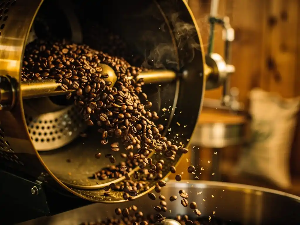 Fresh coffee beans roasting inside a traditional drum roaster.