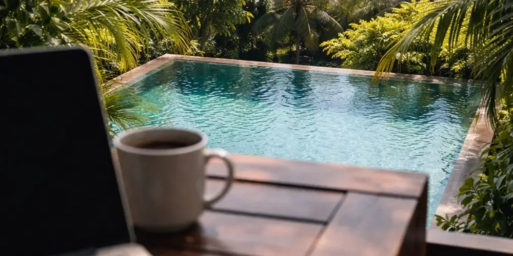 View from a terrace workspace with a laptop edge, pool below, greenery and distant buildings in warm daylight.